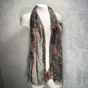 Sheer Floral Scarf Gold Metallic Thread Accent Women's Fashion Accessory Boho